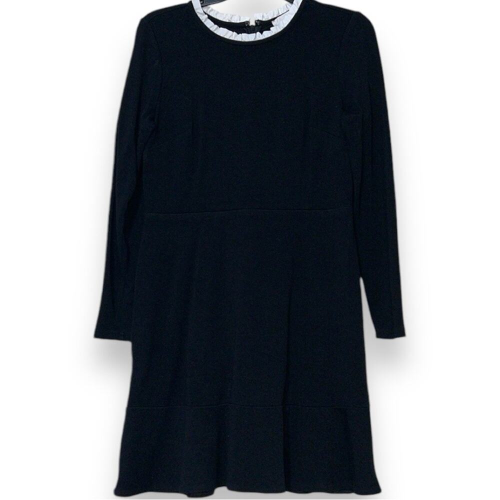 LOFT size 6P black dress with white ruffle collar stretchy flowy ruffle skirt